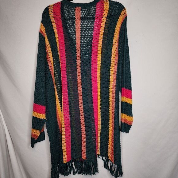 4X 26W Torrid Green Yellow Stripe Open Stitch Pullover Sweater Pocket Fringe lon - Picture 8 of 10